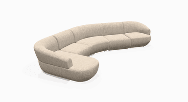A large, contemporary curved modular sectional sofa featuring light beige textured fabric upholstery and an integrated left-hand chaise lounge. The sofa exhibits a low-profile silhouette with rounded edges and minimal visible legs. — 3D model