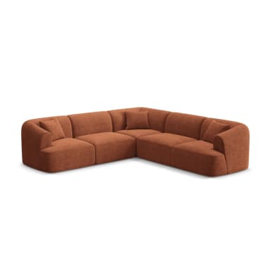 A modern modular L-shape sectional sofa upholstered in a ribbed, terracotta-colored fabric. The sofa consists of multiple connectable units, including corner pieces and armless sections, allowing for flexible configurations. It features soft, rounded edges and integrated armrests on the end pieces, presenting a contemporary and inviting aesthetic. Two matching throw pillows are visible, enhancing comfort. — 3D model
