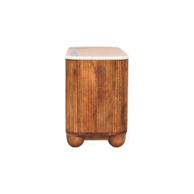 A rectangular console table featuring a smooth white marble top, two open wooden shelves for storage or display, and a wooden frame with distinct reeded or fluted side panels. The table stands on four rounded, spherical wooden feet. — 3D model