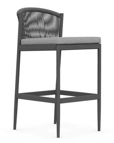 A contemporary bar stool featuring a dark grey aluminum frame, a backrest crafted from tightly woven dark grey rope, and a light grey upholstered seat cushion. It includes an integrated footrest. — 3D model