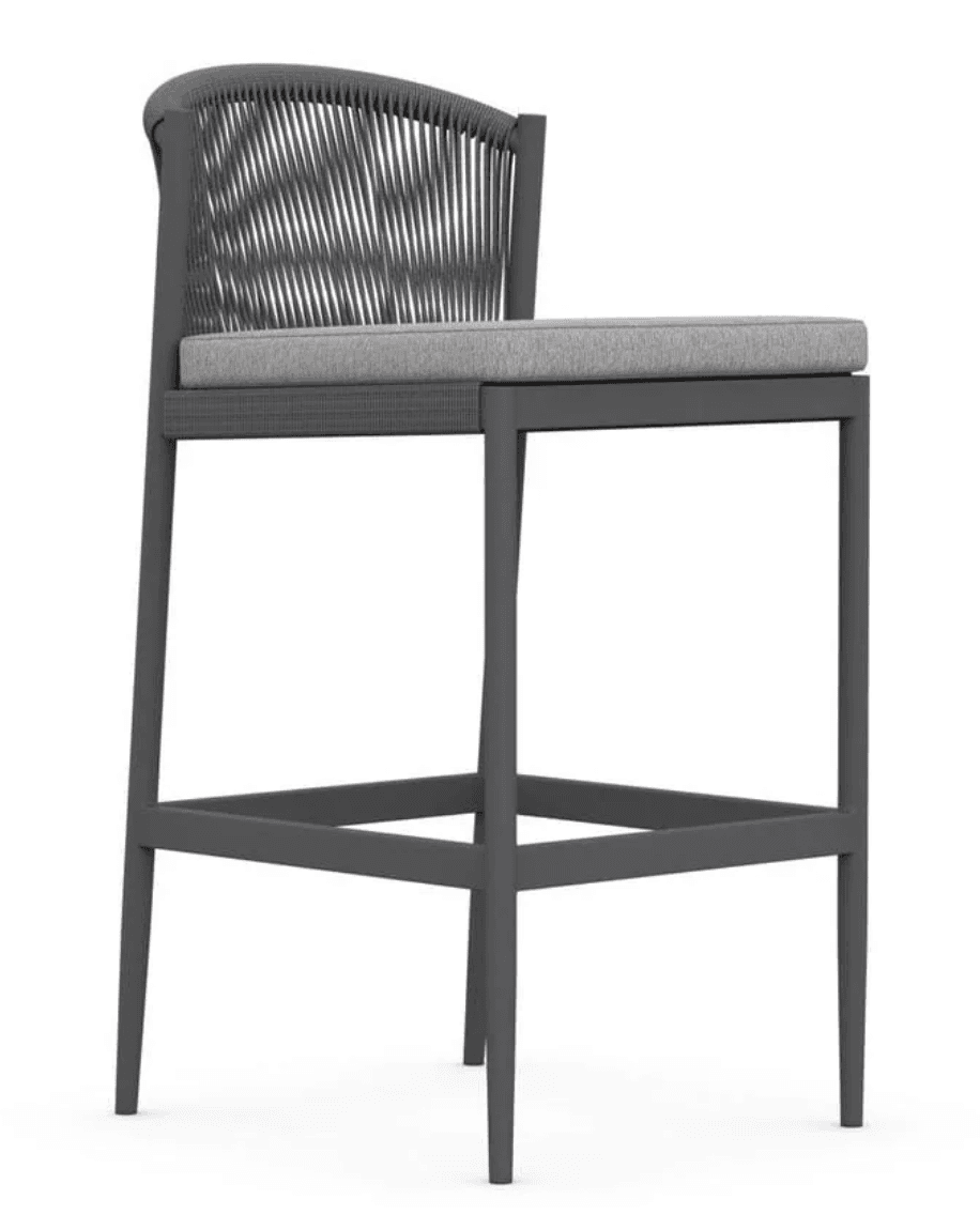A contemporary bar stool featuring a dark grey aluminum frame, a backrest crafted from tightly woven dark grey rope, and a light grey upholstered seat cushion. It includes an integrated footrest. — 3D model
