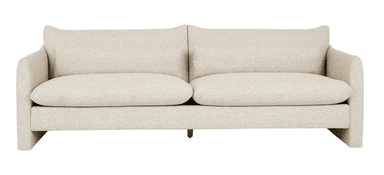 A close-up view of an upholstered sofa section, characterized by its light beige, textured fabric. The image shows a seat cushion, a plush back cushion, and a low, wide armrest, suggesting a comfortable and modern design. The fabric has a subtle woven pattern, giving it depth and visual interest. — 3D model
