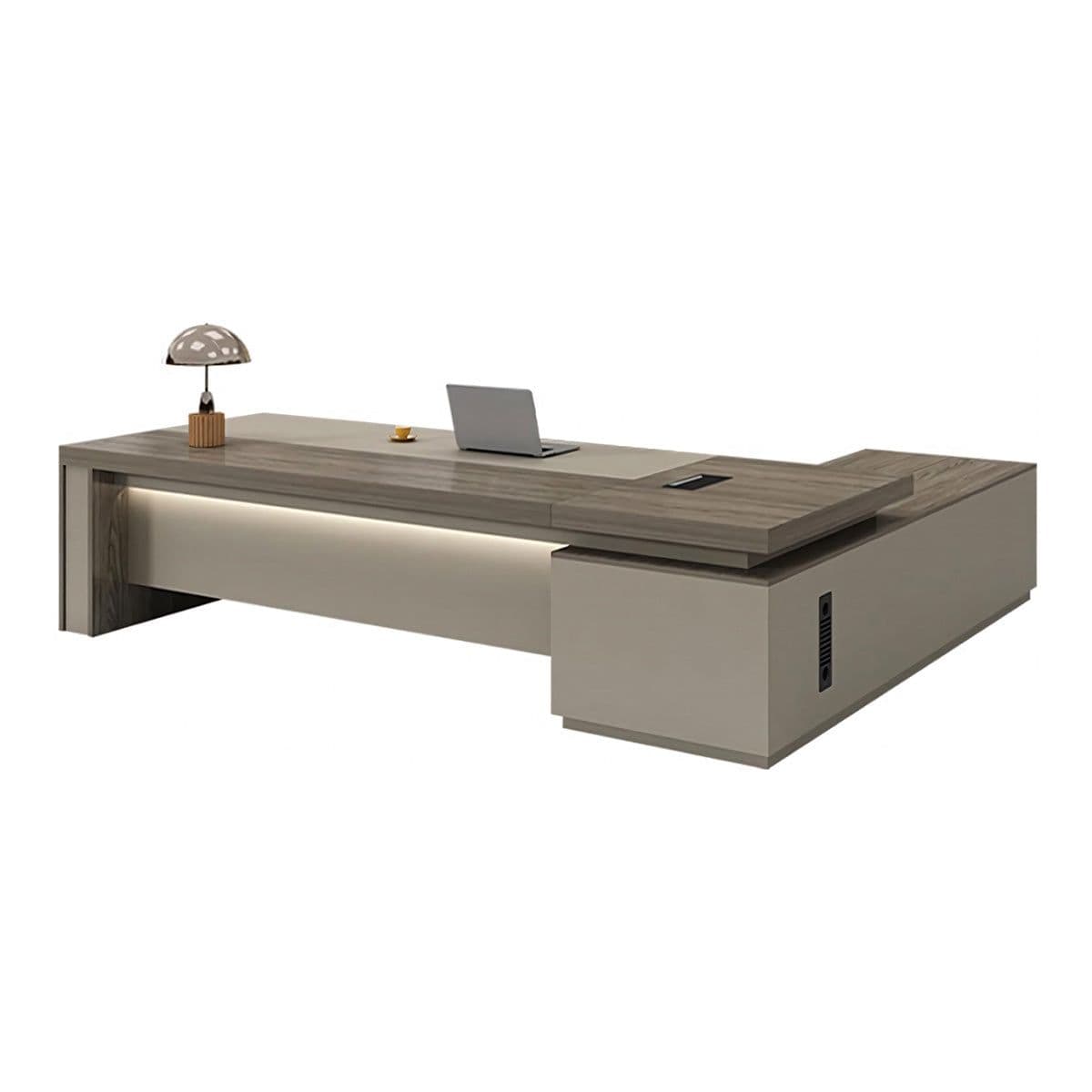 A modern executive desk featuring a combination of wood grain and solid color finishes. The main desktop has a wood-like texture, while the support structures and side units are a matte neutral color. Integrated LED lighting is present beneath the main desktop surface. The desk includes a return unit on the right side, creating an L-shape configuration. A laptop, a small lamp, and a coffee cup are placed on the desktop, suggesting its intended use. — 3D model