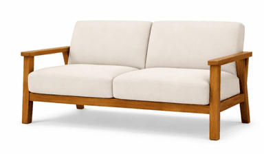 A two-seater sofa with a wooden frame and upholstered cushions. The frame appears to be constructed from natural wood, possibly teak or acacia, with a smooth finish. The seat and backrest are covered in white, upholstered cushions, divided into two sections for seating. The design is simple and modern, suitable for outdoor or indoor use. — 3D model