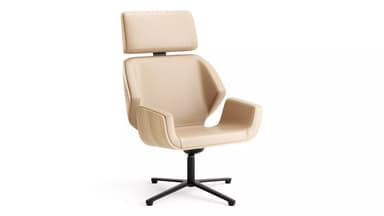A contemporary armchair with a high back and headrest, featuring a sleek design. The seat and back are upholstered in a light beige material, with curved armrests. The outer shell of the chair appears to be made of a light-colored wood-grain material. It is supported by a black five-star swivel base with casters. — 3D model