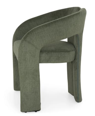 An upholstered accent chair in a dark olive green fabric, featuring a distinctive sculptural form with a split backrest and integrated, gently curved arms. The entire structure, including the legs and base, is fully upholstered, creating a seamless, monochromatic appearance. — 3D model