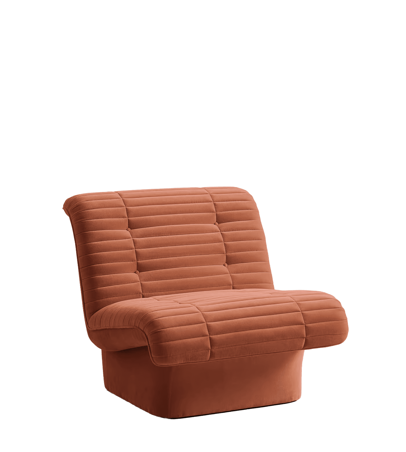 A single-seater armchair with a low profile and a distinctive tufted and channel-stitched upholstery. The armrests are integrated into the overall design, forming a continuous, slightly curved line with the seat and backrest. The base is a solid, rectangular block that supports the seating unit. The upholstery exhibits a textured, velvety appearance. — 3D model
