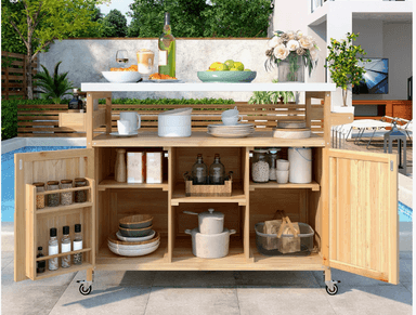 A light-toned pine wood rolling kitchen island featuring a white rectangular countertop. The unit includes open shelving, two enclosed cabinet sections with doors, and integrated spice racks on the interior of the cabinet doors. It is equipped with caster wheels for mobility and has a slatted back panel. — 3D model