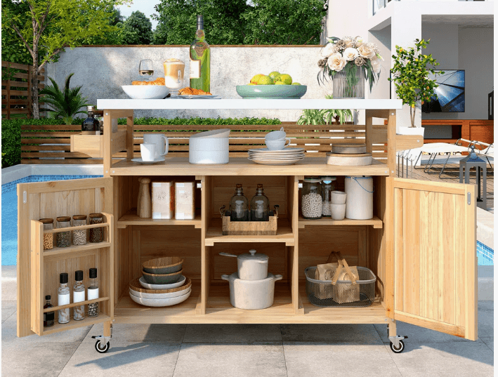 A light-toned pine wood rolling kitchen island featuring a white rectangular countertop. The unit includes open shelving, two enclosed cabinet sections with doors, and integrated spice racks on the interior of the cabinet doors. It is equipped with caster wheels for mobility and has a slatted back panel. — 3D model
