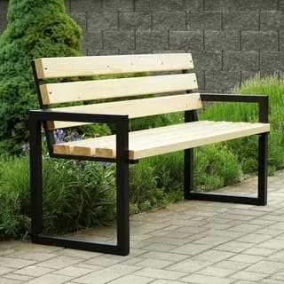 An outdoor bench featuring a minimalist design with light wood slats for the seat and back, supported by a rectangular black metal frame that also forms the armrests. — 3D model