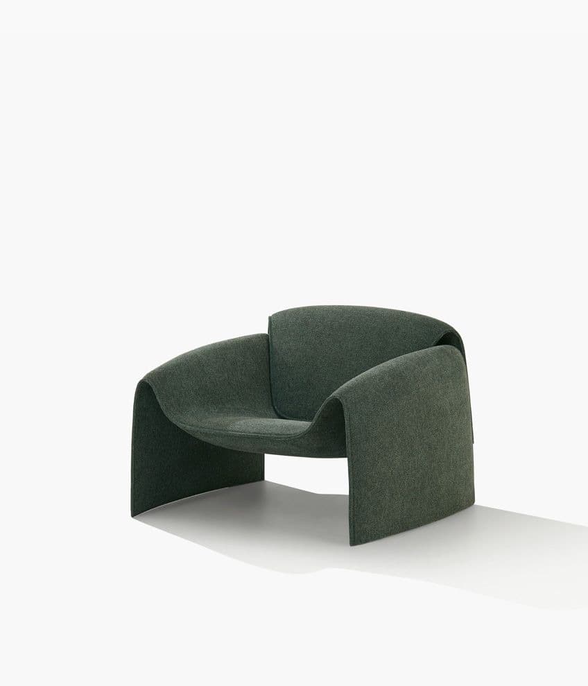 A modern, low-profile lounge chair featuring a continuous, curvilinear form, upholstered in a dark green, textured fabric. The design emphasizes sculptural lines and a comfortable, relaxed seating experience, with no visible legs. — 3D model