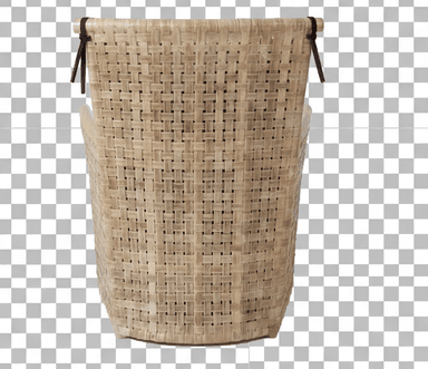 A woven armchair with a high back, featuring a square seat cushion and a rectangular back cushion. The frame and seat base are constructed from woven natural fibers, exhibiting a basketweave pattern. The armrests are curved and made from a similar woven material. The cushions are upholstered in a dark fabric, contrasting with the natural tone of the woven frame. — 3D model