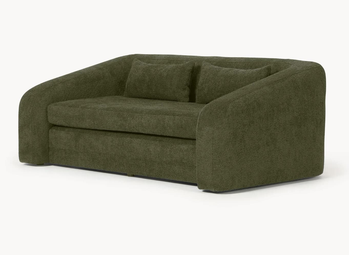 A modern olive-green sofa with a curved design. It features a low profile with rounded armrests and a separate seat cushion. Two rectangular throw pillows are placed against the backrest. The upholstery appears to be a textured fabric. — 3D model