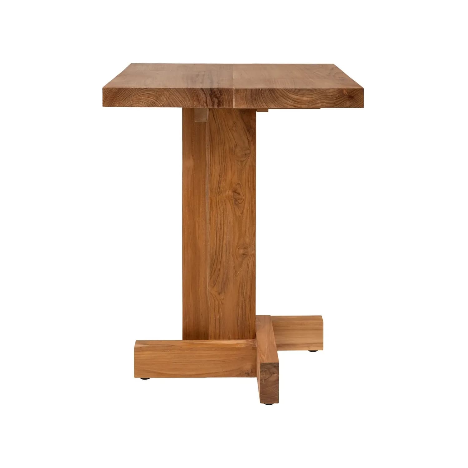 A robust, square-top side table crafted from solid teak wood, featuring a thick tabletop and a substantial pedestal base that terminates in a cruciform foot. The natural grain of the wood is prominently visible, and the design is minimalist and sturdy. — 3D model
