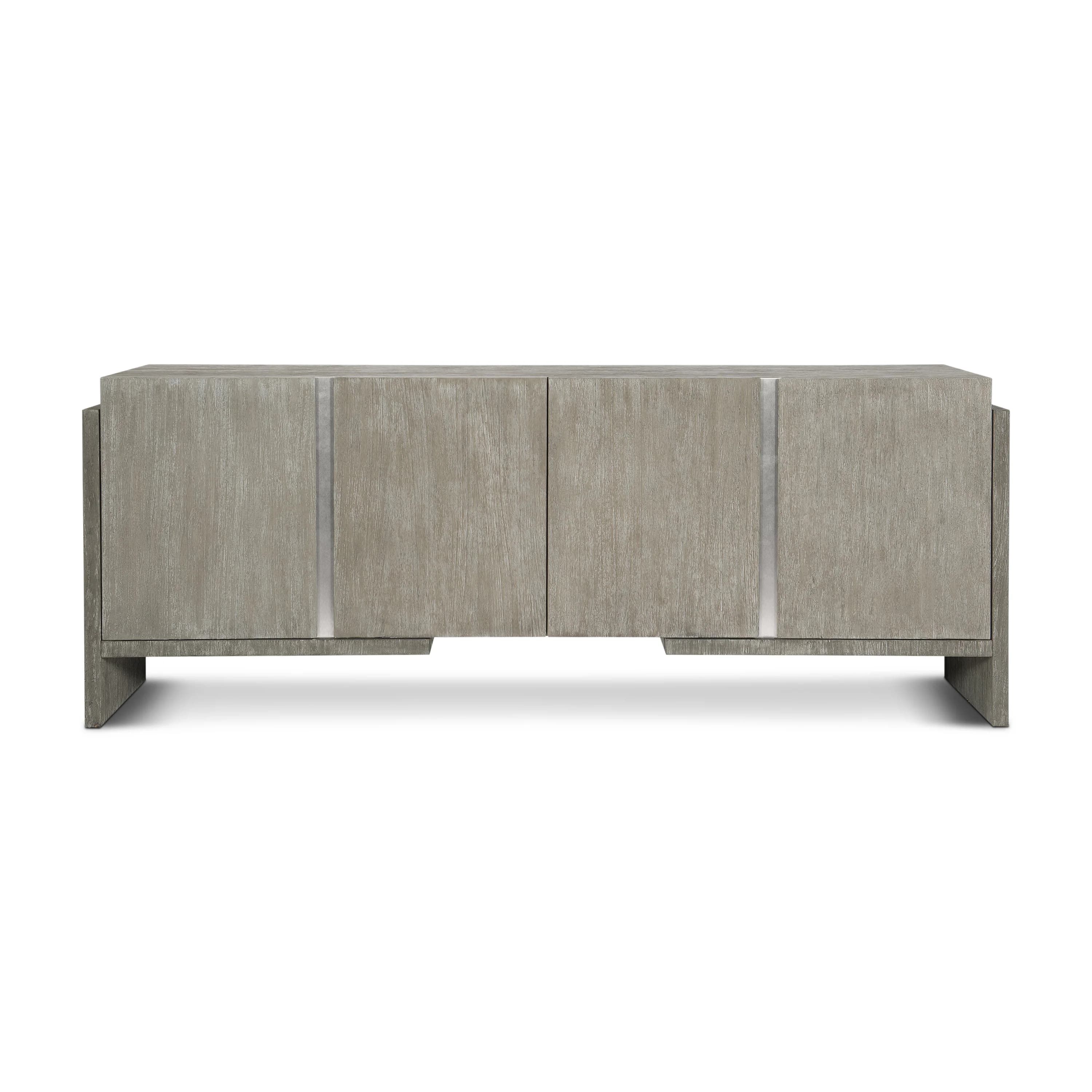 A credenza with a rectangular form, featuring a wood-grain textured surface and two vertical metallic inlays on each door. It has four doors, divided into two sections by a central vertical line, and rests on a solid base with a recessed lower section, creating a floating appearance. The overall design is modern and rectilinear. — 3D model