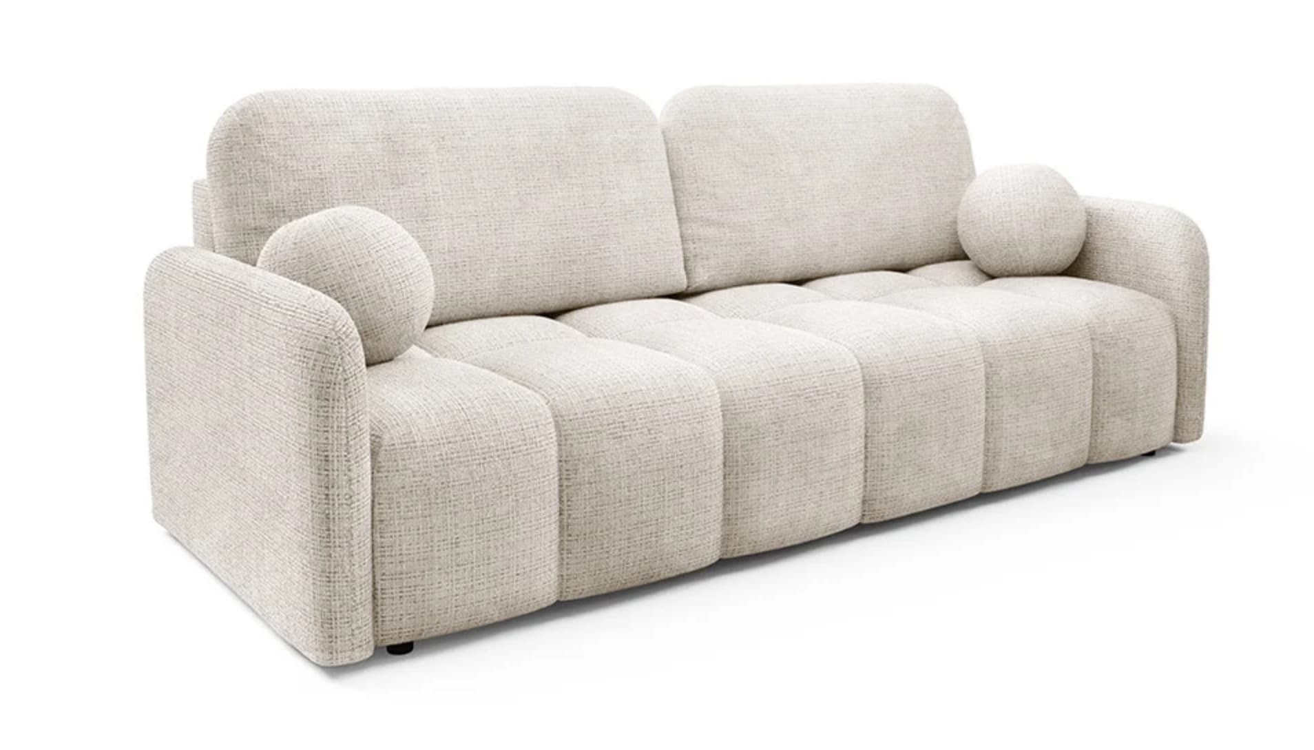 A contemporary three-seater sofa with a plush, rounded silhouette, upholstered in a light, off-white or beige textured fabric. It features integrated, softly curved armrests and a backrest. The seat cushions are distinctively channel-tufted or ribbed, and two spherical, matching accent pillows are positioned at each end. — 3D model