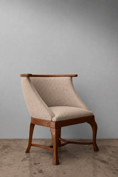 A refined barrel-back armchair featuring a solid wood frame with a polished light brown finish. The chair's back and seat are upholstered in a textured beige fabric with a distinctive diamond quilting pattern. The continuous back curves gracefully to form integrated, low-profile armrests. The chair is supported by four tapered, carved wooden legs, connected by an elegant stretcher base. — 3D model