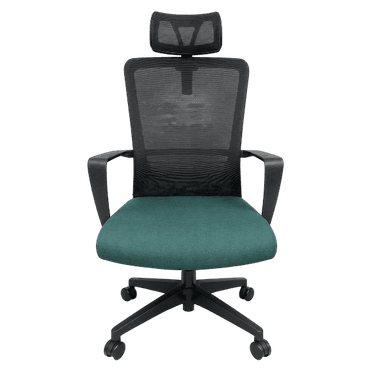 An ergonomic office chair featuring a high backrest and headrest, both constructed with black mesh for breathability. The chair has a molded plastic frame, visible lumbar support structure, and a five-star base with casters for mobility. The overall design is modern and functional. — 3D model
