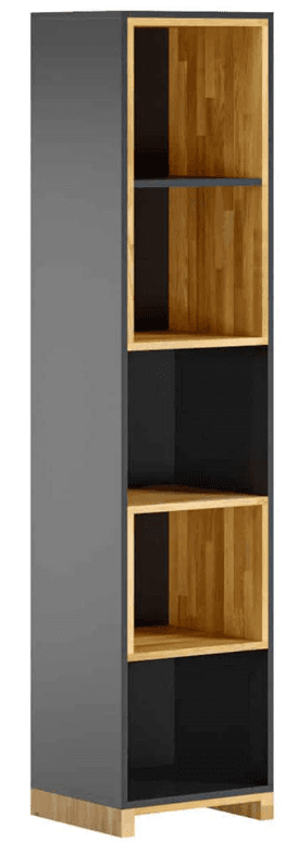 A tall, narrow, modern shelving unit featuring a two-tone design with an anthracite gray exterior and natural wood-look interior compartments. It incorporates an alternating pattern of open and closed-back sections within its cubbies and stands on a recessed plinth base. — 3D model
