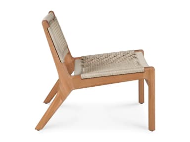 A low-profile lounge chair featuring a natural wood frame with a woven seat and backrest. The frame has a modern, organic shape with angled legs and curved armrests/back supports. The seat and back are constructed from a tightly woven cord or rope material, providing a supportive and comfortable surface. — 3D model