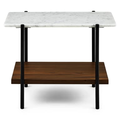 A rectangular two-tier table featuring a white marble top, a lower shelf made of dark walnut wood, and supported by slender black cylindrical metal legs. — 3D model
