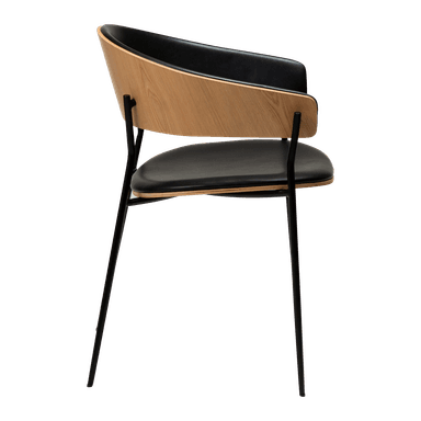A modern accent chair featuring a curved black upholstered backrest and seat, supported by a thin, black metal frame. The chair has a distinctive curved wooden accent on the sides of the backrest, providing a contrast in materials and color. The legs are slender and angled outwards. — 3D model