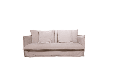A contemporary beige sofa with a plush, textured fabric upholstery. The sofa features a relaxed design with two square back cushions and a loosely draped skirt that reaches the floor. It has wide, rolled armrests and appears to be designed for comfort. The overall aesthetic is minimalist and inviting. — 3D model