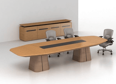 An elongated, boat-shaped conference table featuring a light wood finish and a contrasting dark grey or black central insert. The tabletop is supported by two sturdy, curved pedestal bases, creating a minimalist and professional aesthetic. — 3D model