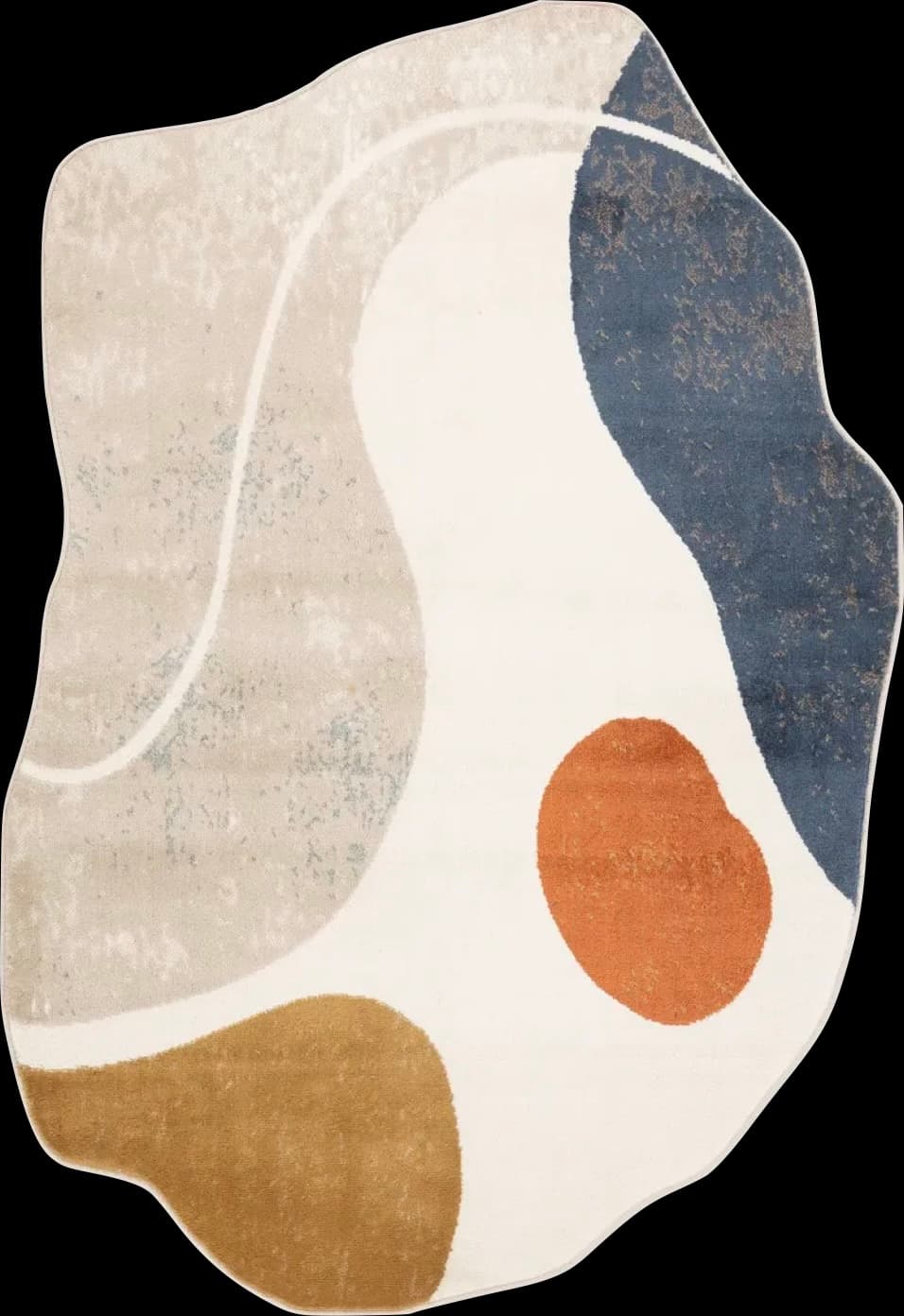 An abstract area rug featuring an irregular, organic silhouette. The design is composed of fluid, amorphous shapes in a muted color palette including off-white, light beige, muted blue-grey, warm rust, and brownish-gold. Some color sections display a subtle mottled texture. — 3D model