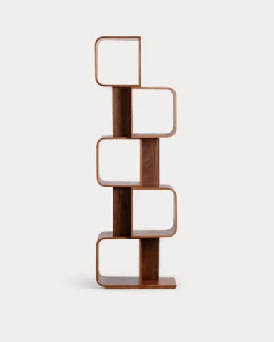 A tall, free-standing bookshelf with a unique, sculptural design. It features curved, open shelving units arranged in an alternating, offset pattern, supported by vertical wooden elements. The overall form is sinuous and modern. — 3D model