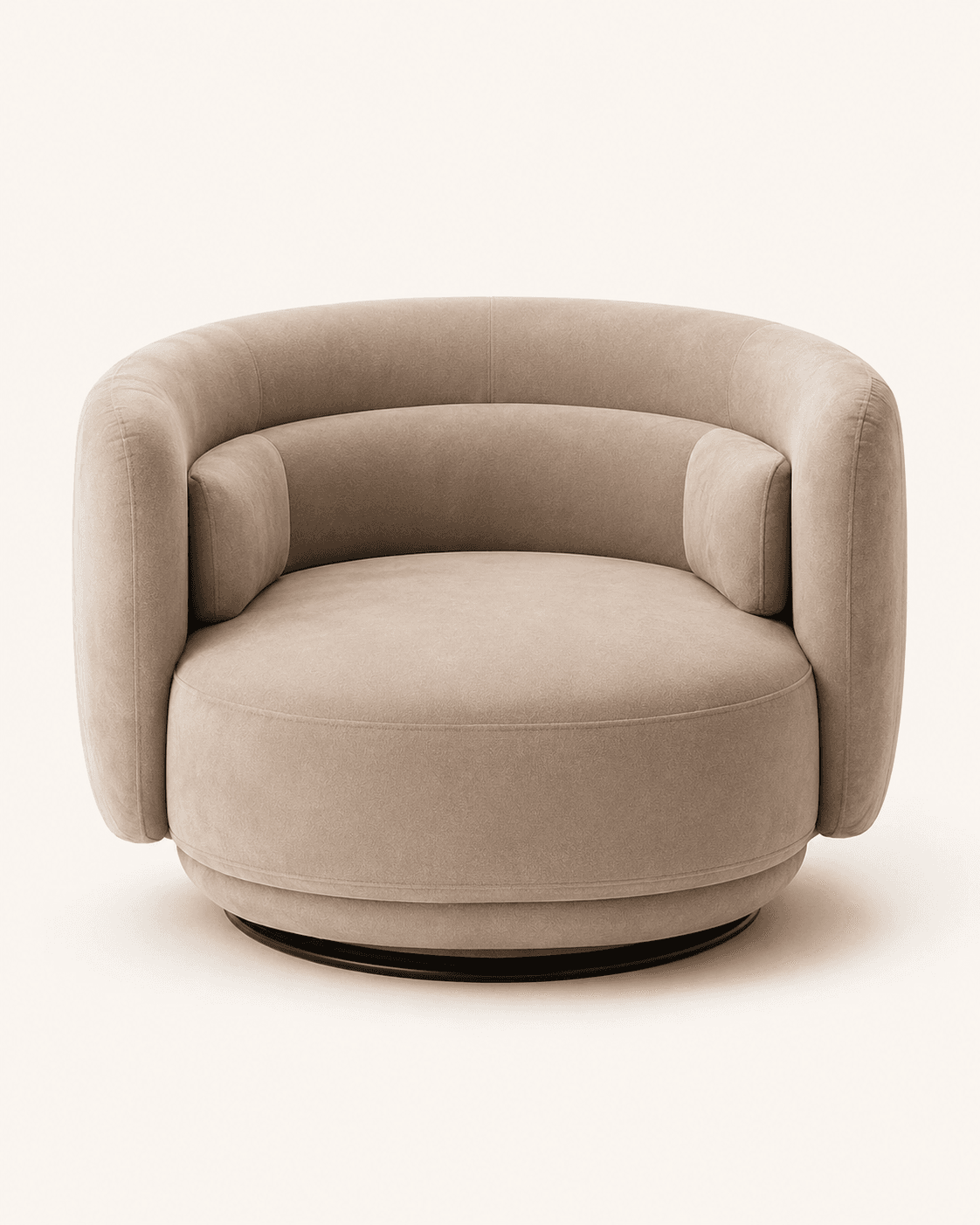 A contemporary upholstered barrel-shaped swivel lounge chair in a light beige fabric with integrated armrests and a black circular swivel base. — 3D model