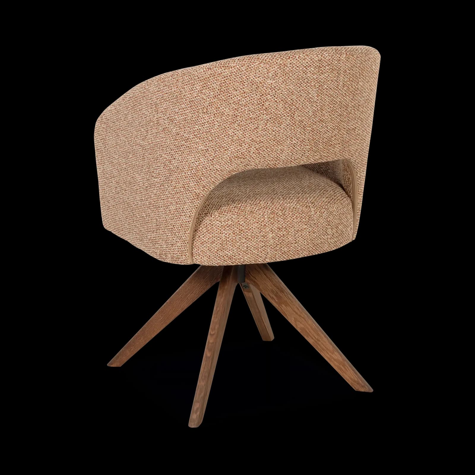 A modern accent chair with a curved backrest and a fixed seat. The chair features a swivel base with four splayed wooden legs. The upholstery has a textured weave with flecks of orange and brown. — 3D model