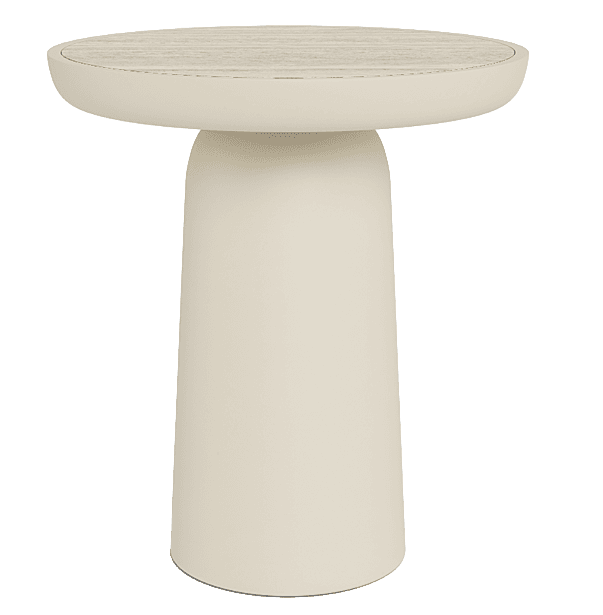 A round-topped side table with a cylindrical base that tapers slightly outwards towards the bottom. The tabletop appears to be made of wood with a light finish, possibly oak or a similar grain. The base is a solid, smooth material, likely a composite or coated metal, in a neutral, light beige color. The design is modern and minimalist. — 3D model