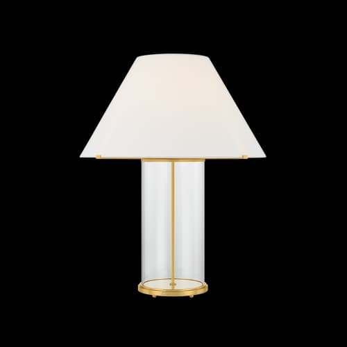 A contemporary table lamp featuring a clear cylindrical glass base accented with polished brass hardware. The lamp is topped with a rectangular tapered white fabric shade, providing diffused light. The internal structure includes vertical brass rods that support the light source within the glass cylinder, connecting the brass base to the upper brass ring that holds the shade. — 3D model
