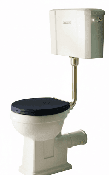 A traditional close-coupled toilet with a high-level cistern. The cistern is white ceramic with a rectangular shape and a lever mechanism on the side. It is connected to the toilet bowl via a brass pipe. The toilet bowl is also white ceramic with a classic pedestal design. It features a dark blue toilet seat. — 3D model