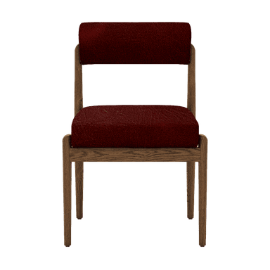A modern chair with a solid wood frame and upholstered seat and backrest. The frame appears to be constructed from oak with a visible wood grain. The upholstery is a textured, deep red fabric. The chair has a simple, minimalist design with a curved, cylindrical backrest. — 3D model