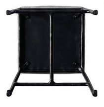 A bar stool with a black metal frame and a cushioned seat and backrest. The seat is upholstered in a light gray material. The backrest is narrow and features a striped pattern in white and grey, with the stripes running horizontally. — 3D model