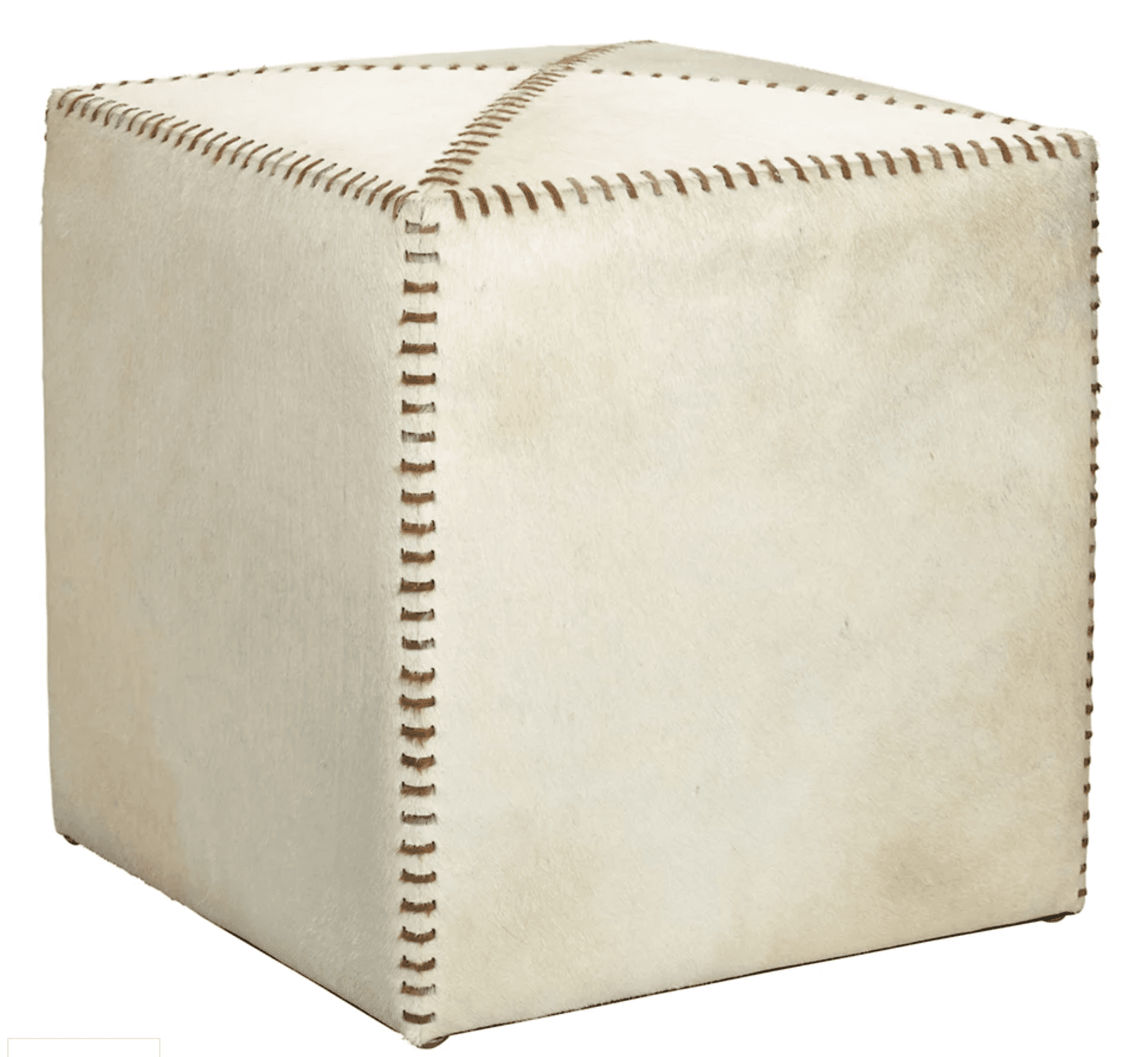 A cube-shaped ottoman upholstered in what appears to be cowhide or a similar textured material. The seams are visibly stitched with a contrasting brown thread, creating a decorative stitch pattern along all edges and the top surface, giving it a handcrafted aesthetic. The color is a light cream or off-white with natural variations in tone and texture characteristic of hide. — 3D model