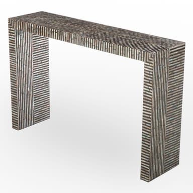 A rectangular console table with a U-shaped silhouette, entirely covered in a mosaic of small, rectangular bone pieces arranged in a geometric pattern. The pieces vary in shade from dark grey to lighter, iridescent tones, creating a textured and dynamic surface. — 3D model