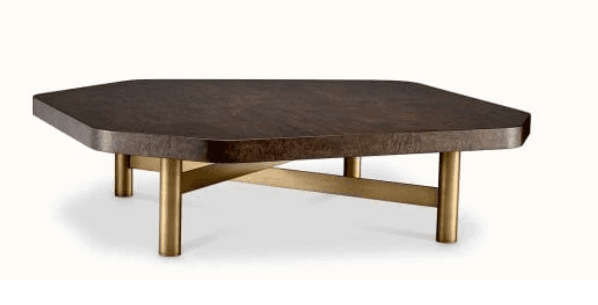 An octagonal coffee table with a dark wood veneer top and a metallic base. The tabletop has rounded edges. The base consists of four cylindrical legs connected by intersecting metallic beams, creating a modern aesthetic. — 3D model