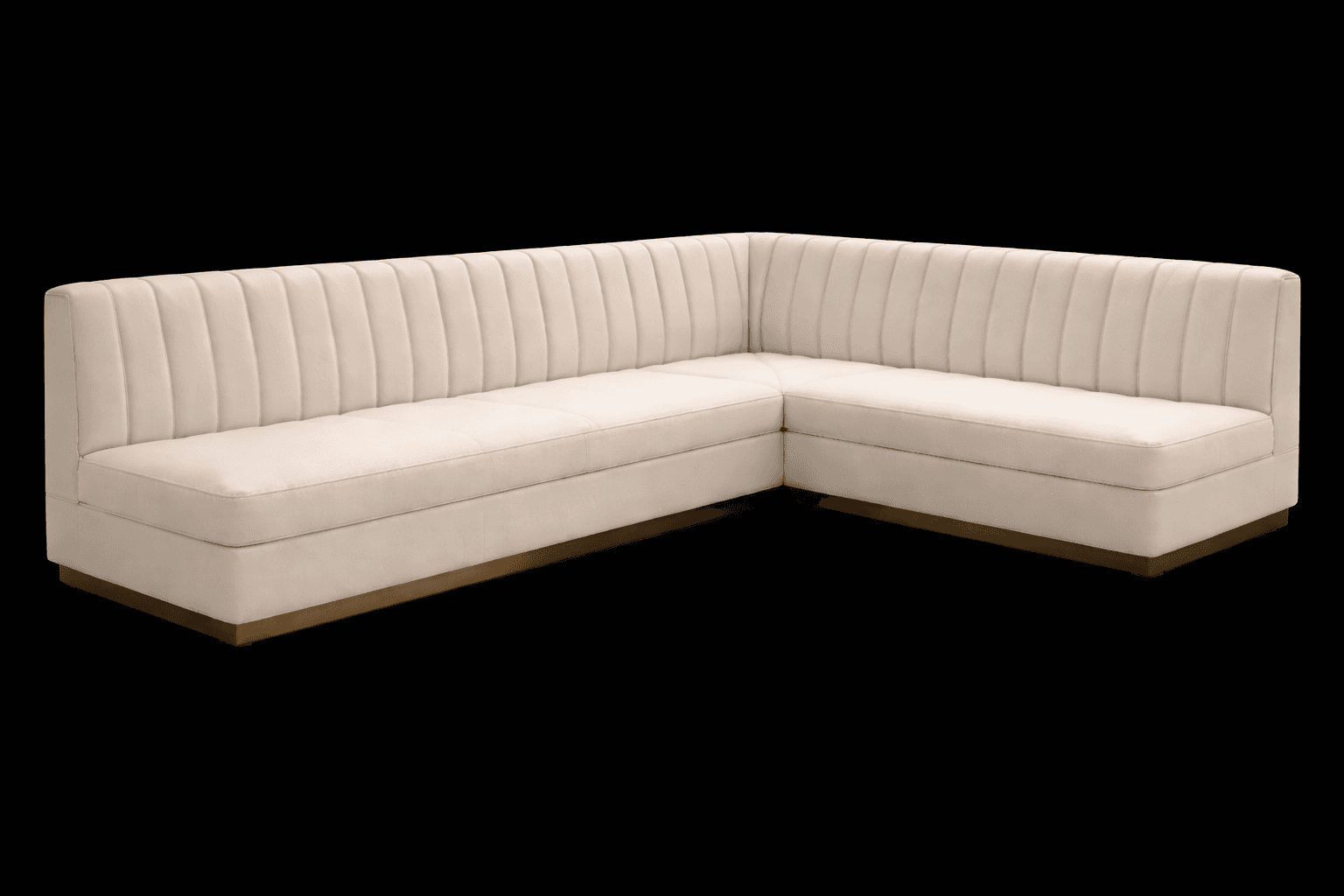 A sectional sofa featuring a cream-colored upholstered frame with vertical channel tufting on the backrests. It has a low profile and is supported by a thin, metallic base. The sofa forms an 'L' shape, suitable for corner placement. — 3D model
