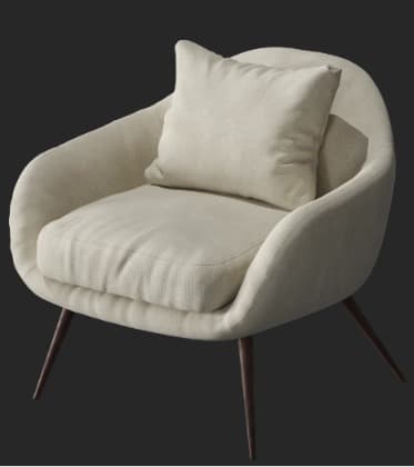 A modern upholstered club chair featuring a rounded, low-slung silhouette, a separate seat cushion, and a removable back cushion. It is supported by four slender, splayed tapered legs. — 3D model