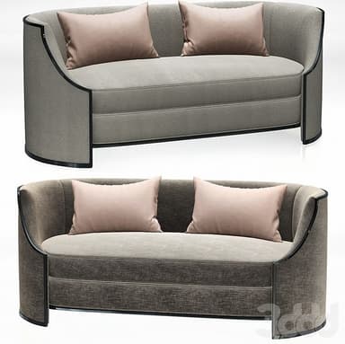 A modern two-seater sofa or loveseat upholstered in light gray textured fabric, featuring a distinctive curved, trough-like frame with black piping or trim. It includes two light pink rectangular back pillows and two removable seat cushions. — 3D model