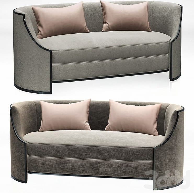 A modern two-seater sofa or loveseat upholstered in light gray textured fabric, featuring a distinctive curved, trough-like frame with black piping or trim. It includes two light pink rectangular back pillows and two removable seat cushions. — 3D model