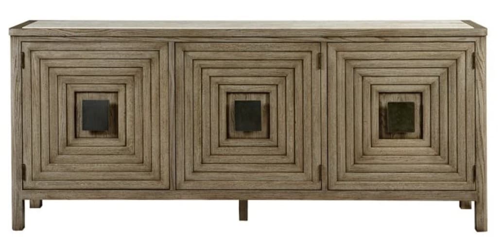 A three-door credenza with a light-colored, possibly stone or marble, top. The front features a geometric design with concentric squares carved into the wood panels of each door. Each door has a dark, square handle centered within the innermost square. — 3D model