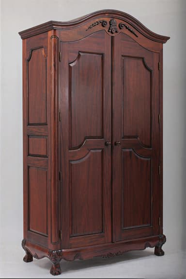 A dark reddish-brown wooden armoire, featuring a curved pediment with ornate carvings, double paneled doors, and a scalloped base with cabriole-style feet, indicative of French Provincial or Baroque design. — 3D model
