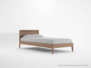 A minimalist platform bed featuring a light-toned wooden frame, a simple solid headboard, and four tapered wooden legs. A light gray mattress and pillow are present on the bed frame. — 3D model