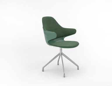 A contemporary swivel armchair featuring a distinctive two-tone green design. The chair has an organically shaped, integrated back and armrest shell in a lighter green plastic, contrasted with darker green upholstered fabric on the seat and inner backrest. It rests on a four-star polished metal swivel base. — 3D model