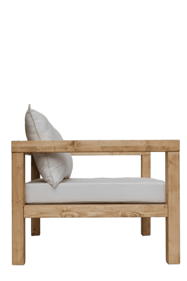 A wooden armchair with white cushions. The frame is constructed from thick, natural-toned wooden beams. It features a wide seat and backrest, both upholstered with thick white cushions. A lumbar pillow is also present on the backrest. The design appears robust and suitable for outdoor or rustic indoor settings. — 3D model