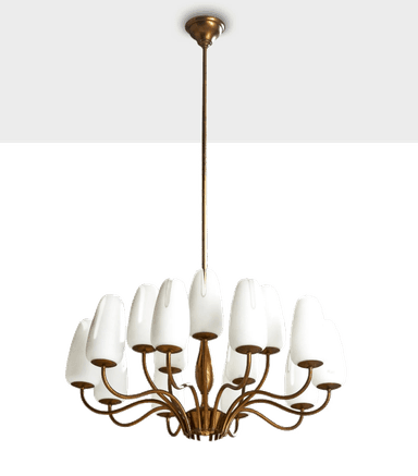 A vintage chandelier with a central brass stem and a circular arrangement of multiple arms, each supporting a white, opaque glass shade. The shades have a distinctive teardrop or flame-like shape. The overall design suggests a mid-century modern aesthetic. — 3D model